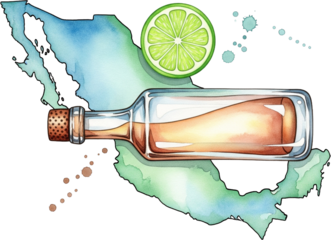 A diverse illustration set of the Mexico map as a cute character, celebrating cultural festivals like Fiesta and Day of the Dead with a sombrero, mariachi guitar, tacos, tequila, sugar skulls, and cac