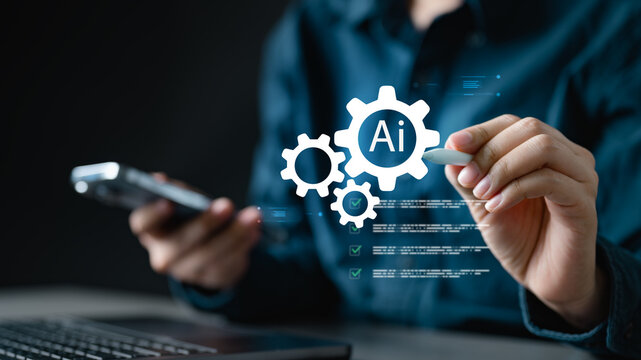 Artificial intelligence automation workflow process. Automated ai data analytics algorithm. Analysis flow chart diagram. Security protection. Automation business visualization. Technology background.