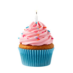 Single Birthday Cupcake with Pink Frosting, Sprinkles, and Lit Candle on Transparent Background - 