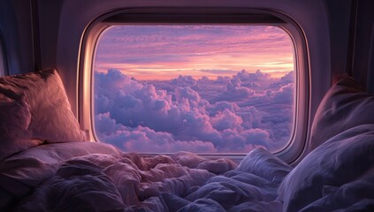 Airplane window view of a breathtaking sunset through fluffy clouds, with bedding in the foreground