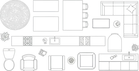 Vector vector art of topdown view of furniture and kitchen elements for interior design transparent background