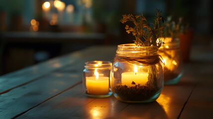Warm glow of candles in mason jars creates a cozy, rustic ambiance perfect for intimate evenings or tranquil moments.