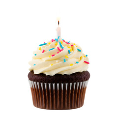 Delicious Chocolate Cupcake with Vanilla Frosting, Colorful Sprinkles, and a Lit Birthday Candle on Transparent Background - 