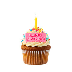 Delicious Birthday Cupcake with Lit Candle and "Happy Birthday" Topper - Isolated on Transparent Background