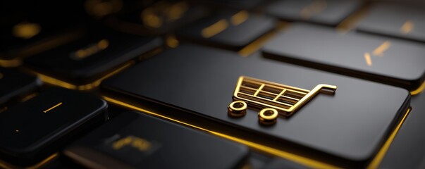 Golden shopping cart icon on a black computer keyboard