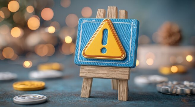 Small wooden easel holding a blue sign with a yellow exclamation point - Powered by Adobe
