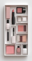 A white cosmetic organizer holding a variety of pink and nude makeup items