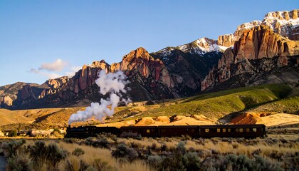 Steam train travels through scenic mountain landscape