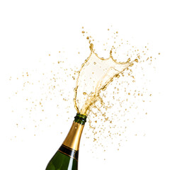 Champagne Bottle Explosion: Golden Splash and Bubbles Freeze-Framed Against Transparent Background - Celebration, Luxury, Party, Event, Festive