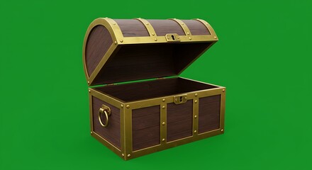 Open Empty Wooden Treasure Chest on Green Screen.