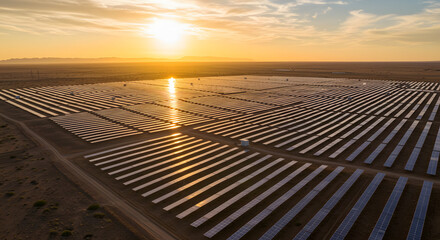 Vast Solar Farm at Sunset: Renewable Energy Power Generation in a Desert Landscape