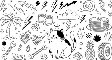 Vector vector art of collection of handdrawn doodle elements including a cat, palm tree, sushi, pancakes, and tools transparent background