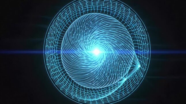 Abstract digital nexus pulses with vibrant blue light against a dark, star-speckled background, evoking futuristic technology and complex data.