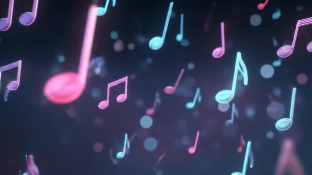 Floating musical notes in vibrant neon colors against a dark background create a dynamic visual effect.
