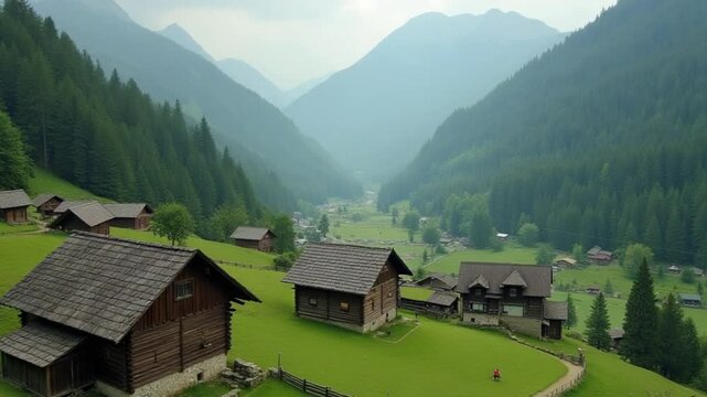 Quiet rural village with wooden houses nestled in a lush green valley