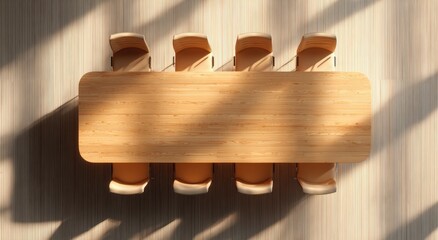 Overhead view of a light wooden conference table
