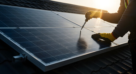 Rooftop Solar Panel Installation: Technician in Yellow Gloves Secures Panel with Screwdriver at Sunset
