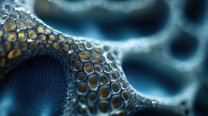 Close-up of a Blue and Gold Honeycomb Structure