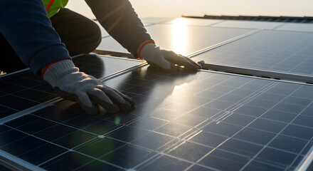 Solar Panel Installation: Worker in Gloves Adjusting Panels at Sunrise on Rooftop - Renewable Energy, Sustainable Future