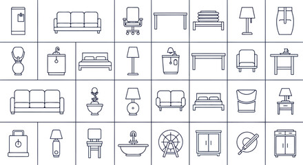 Vector vector art of set of isolated furniture icons for interior design and architectural planning transparent background