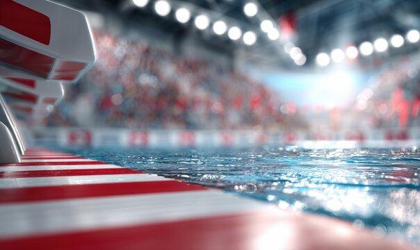 Swimming pool starting blocks in an arena with spectators