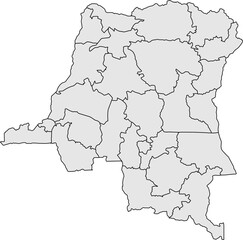 Clean, minimalist gray outline map of the Democratic Republic of the Congo with all provincial boundaries. Ideal for educational content, data visualization, or professional presentations.

