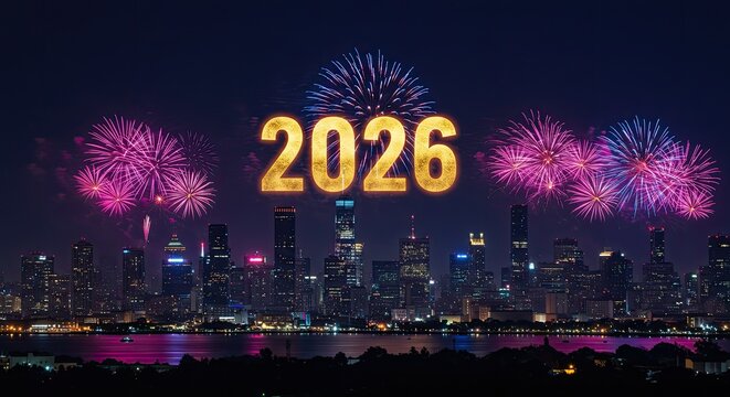 Illuminated 2026 Fireworks Display Over City Skyline at Night, Celebration Concept. - Powered by Adobe