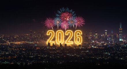 Illuminated 2026 Fireworks Display Over City Skyline at Night, New Year Celebration.
