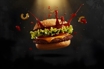 Floating Burger Ingredients with Sauce Splash