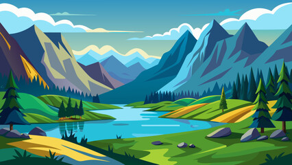Vector art of vibrant mountain landscape with a tranquil lake and lush green meadows