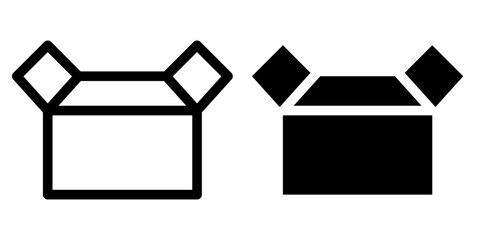 Cardboard box icons with open lid, front view. Two versions: line art and solid fill in black and white. Suitable for delivery, logistics, e-commerce, and warehouse illustrations. 開封状態のダンボールアイコンです。