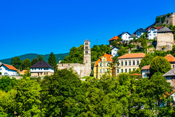 Panoramic view of the old town of Jajce, church tower of St Luke and fortress, Bosnia and Herzegovina 