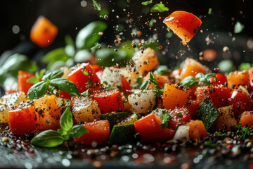 Plate of tomatoes and basil, plated with precision, garnished with fresh basil leaves.