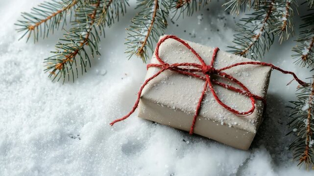 Gift Box with Red String on Snow with Fir Branches
