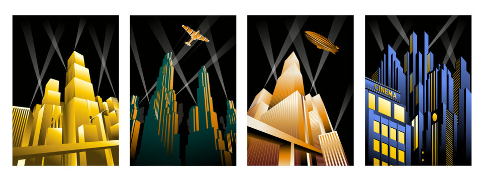 Art Deco Style Futuristic City Posters. Skyscrapers, Bridges, Spotlights. Vector Templates for Art Deco Posters, Placards, Covers, Illustrations