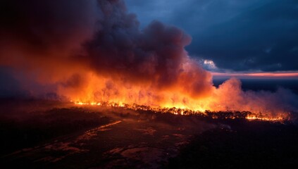 Naklejka premium Aerial view of a large wildfire at night