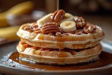 Stack of pancakes topped with syrup and bananas.