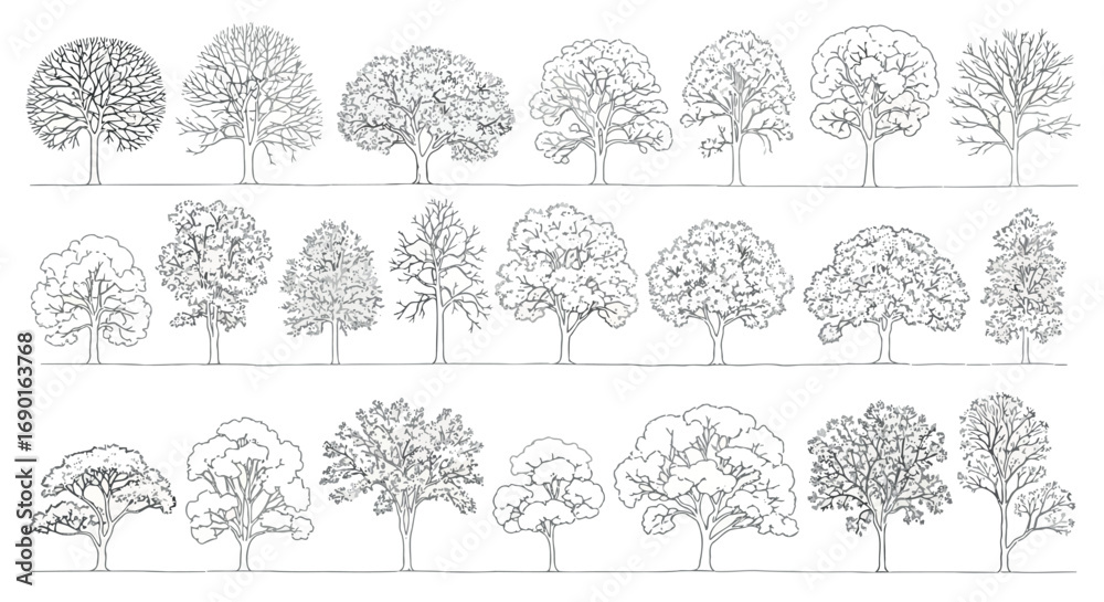 Wall mural vector vector art of collection of various deciduous trees drawn in a sketch style, transparent back