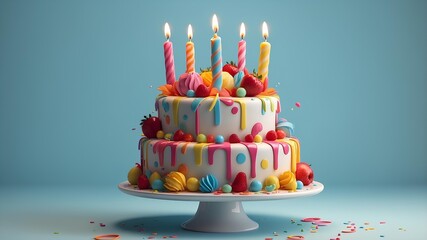 A beautifully decorated 3D birthday cake with candles, perfect for celebration branding and event design visuals.