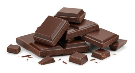 Delicious Dark Chocolate Chunks Stacked on White Background Ready to Be Eaten or Used in Baking Projects Perfect for Chocolate Lovers