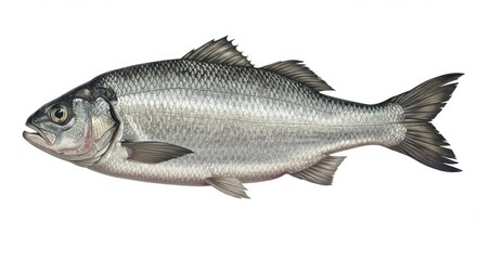 Fototapeta premium Detailed Illustration of a Silver Fish Against White Background Featuring Scales and Fins Depicting Aquatic Life and Marine Biology Study