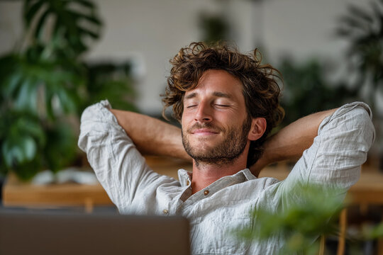 deep breath business : Relaxed businessman taking a deep breath, inished work sitting at desk enjoying stress free job breathing fresh air, mental health, self care or meditation