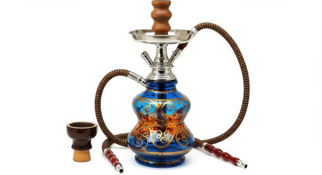 Elegant hookah with intricate blue and gold design on a pristine white background perfect for lifestyle and culture related content