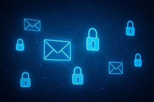 Futuristic Cybersecurity Network with Glowing Envelopes and Padlocks Representing Data Privacy and Encrypted Messaging.