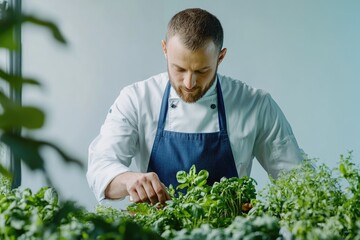 A chef carefully inspects fresh herbs, ensuring quality for his culinary creations.