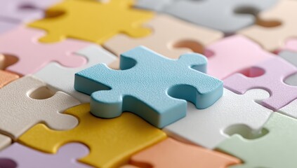 Fototapeta premium Close-up of a light teal puzzle piece amongst various colors