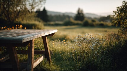 wood table. grass and trees. bright sky. bright summer