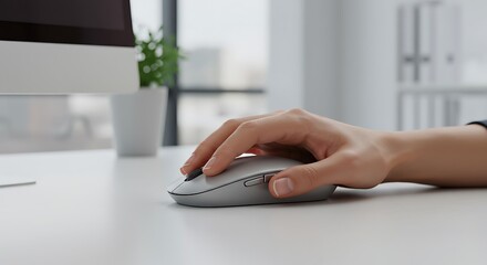 Hand using computer mouse on desk.