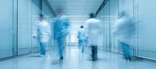 Blurred motion of medical personnel in a modern hospital corridor