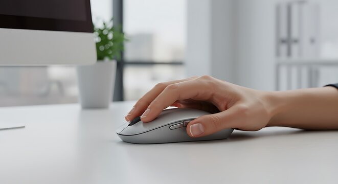 Hand using computer mouse on desk.